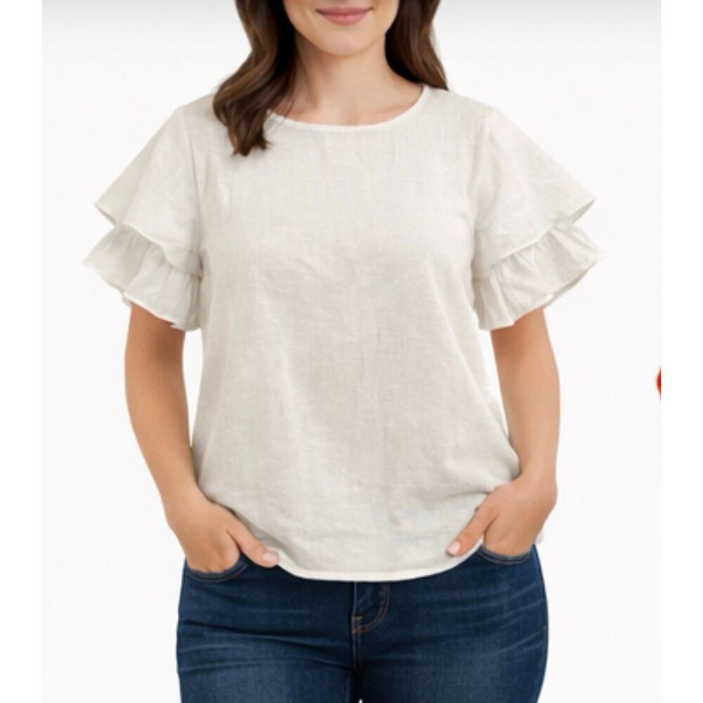 Lord & Taylor white linen ruffle sleeve top size s